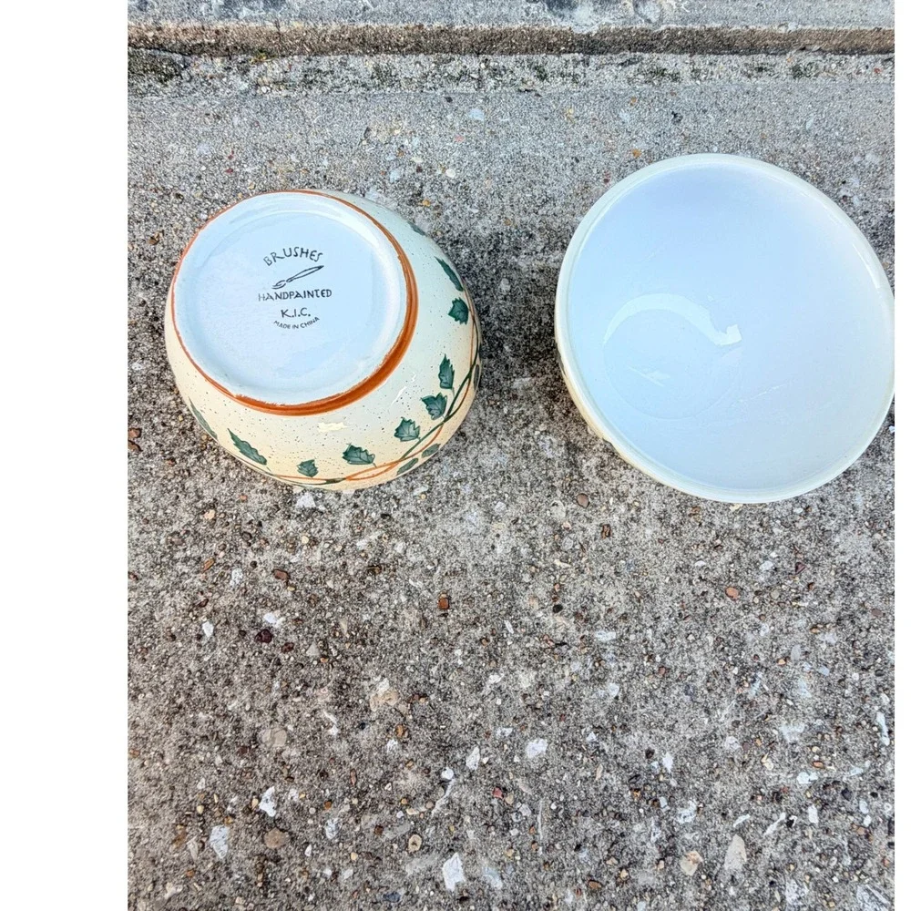 Brushes KIC Handpainted Ivy Leaf Speckled Ceramic Bowls‎ Set of 2 Cream Green